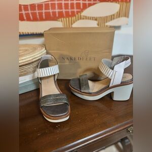 Naked Feet Basalt Leather Platform Block Heel Sandals White Brown Women 9